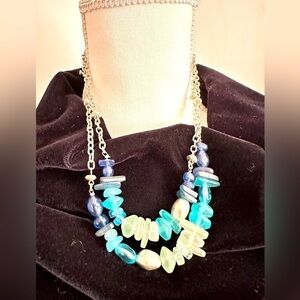 Coldwater Creek Necklace Blue Sea Glass Silver Tone Double Strand 5398 P